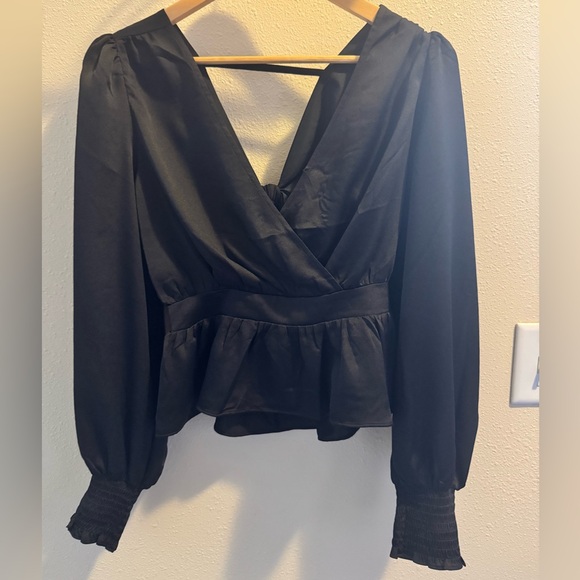 Black long sleeve blouse with an open back bow tie - Picture 1 of 4